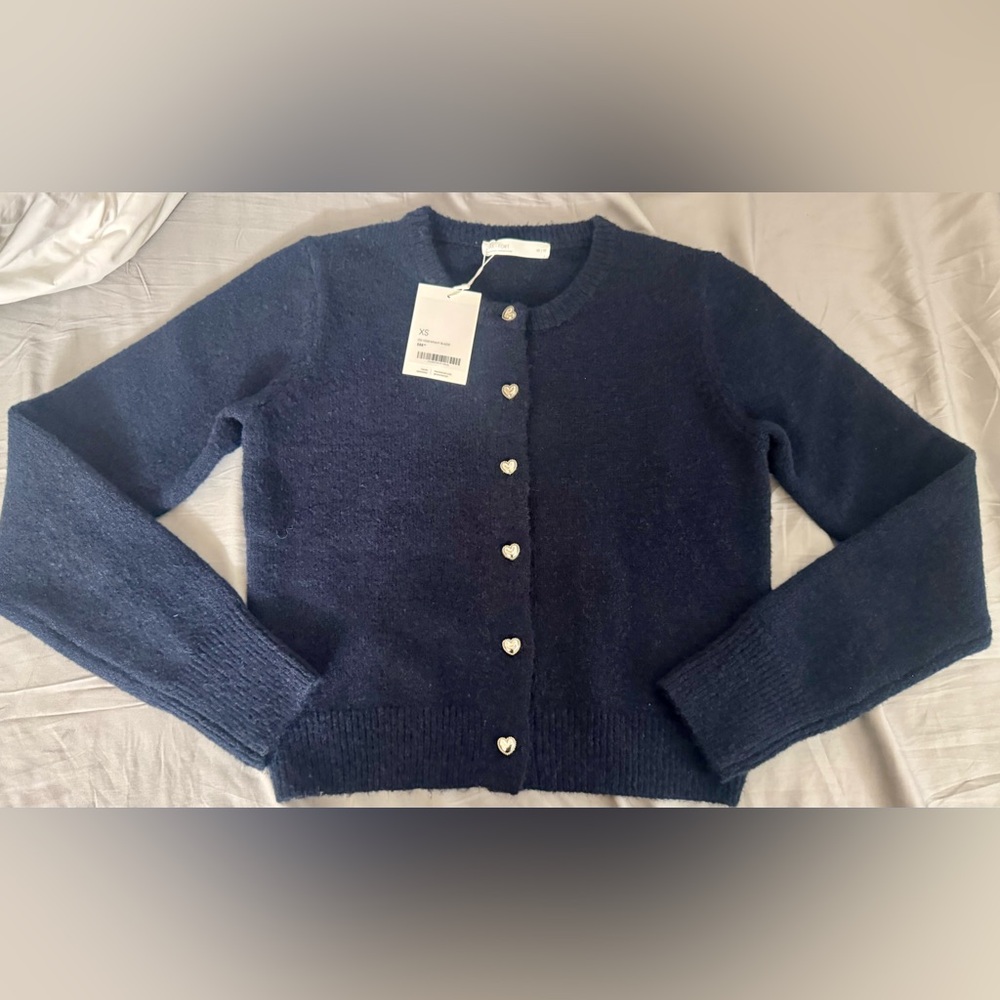 Oak + Fort Dark Blue Cardigan with Silver Heart Buttons